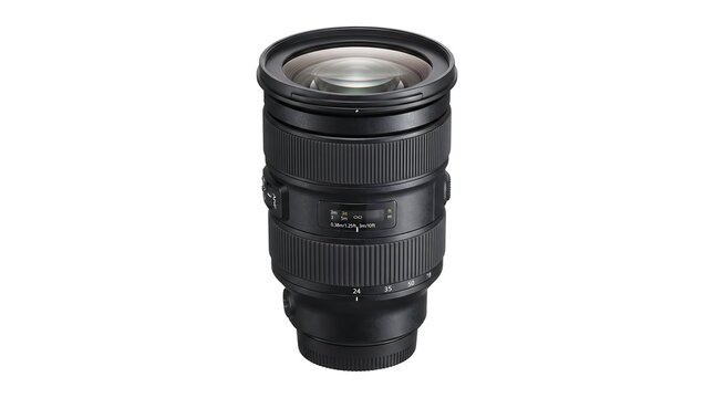 A professional grade telephoto zoom lens designed for exceptional high quality photography is shown isolated on a plain white background