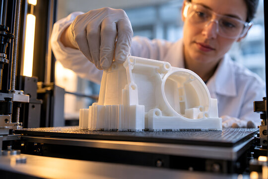 Biomedical engineer carefully removes a 3D printed medical device prototype from an additive manufacturing platform in a modern laboratory, highlighting precision engineering and rapid prototyping.