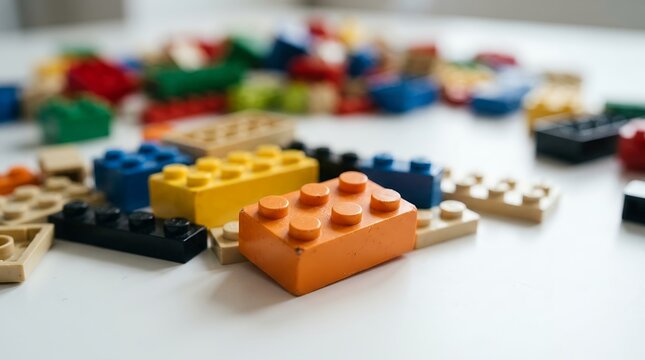 Colorful plastic building blocks scattered on a white surface, vibrant toy bricks for creative play and childhood development, engaging educational game pieces.