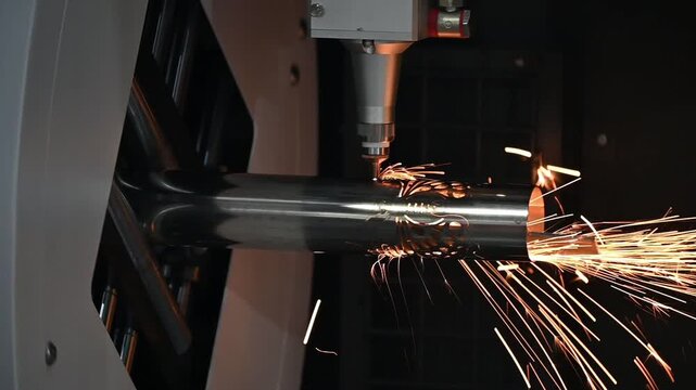 Slow motion footage of a fiber laser cutting machine engraving a steel pipe with bright sparks
