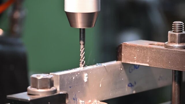 Footage of thread making process on a metal plate using a tapping tool on a CNC milling machine