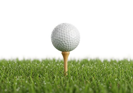 White golf ball on wooden tee in dewy green grass isolated on white background