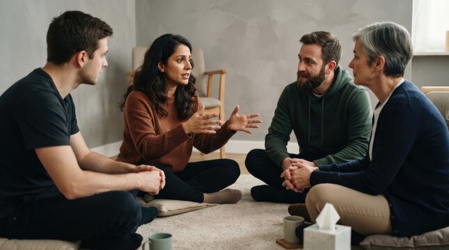 Four people are seated on a rug in a room, engaged in a discussion. A woman with dark hair and a brown complexion gestures emphatically while speaking.