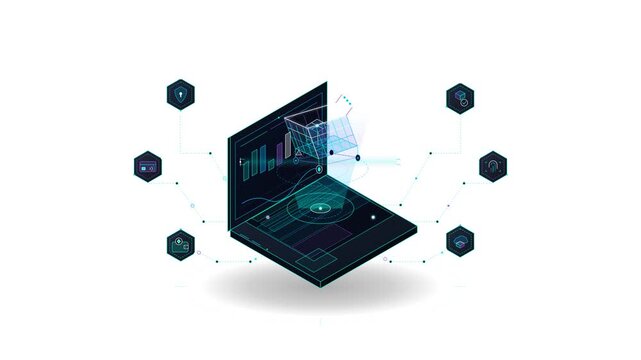 Isometric 3D Laptop E Commerce Hub with Holographic Shopping Cart Perfect for Online Retail Videos and SaaS Marketplace Promos