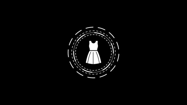 Minimalist dress icon rotating in dashed HUD line circle animation loop on black background.
