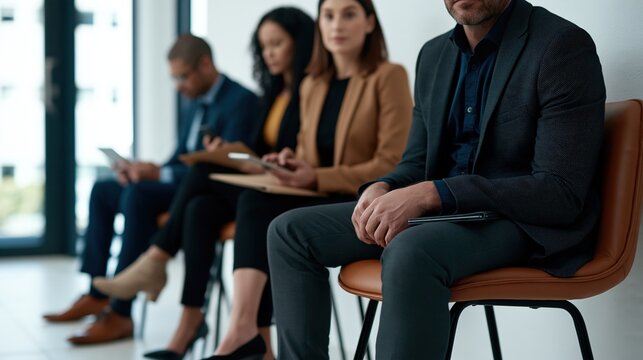 Corporate job applicants waiting in minimalist office lobby