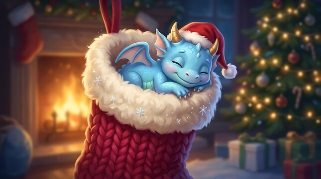 A tiny blue baby dragon wearing a red santa hat sleeping inside a large christmas stocking with creature hatchling fireplace mythical legendary interior decoration