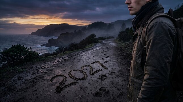 Person standing near a misty cliffside ocean landscape with the year twenty seven written in dirt adventure contemplation environment wilderness