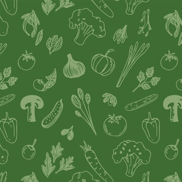 Hand drawn vector seamless pattern with various fresh vegetables on green background line art food background. Seamless pattern, fresh vegetables, line art, hand drawn food background. 