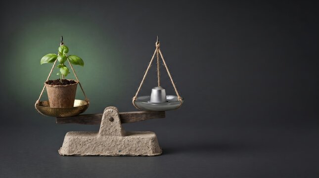 Balance scale made from recycled materials with plant and metal weight
