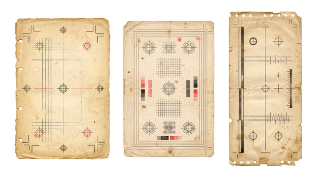 Three vintage paper sheets featuring black and red technical calibration targets, registration marks, and grid patterns on aged, stained textures