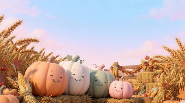 Cute Pastel Pumpkin Family in a Warm Autumn Harvest Scene with Empty Pastel Sky Copy Space