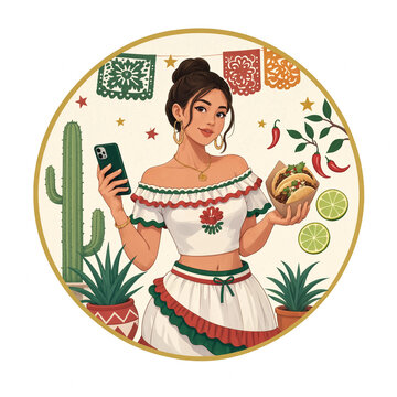 Woman in traditional Mexican dress holding tacos and smartphone with cactus background