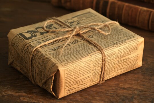 Newspaper-wrapped gift, tied with rustic twine, resting on a dark wooden table