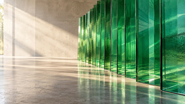 Emerald green glass partitions in a sunlit modern interior