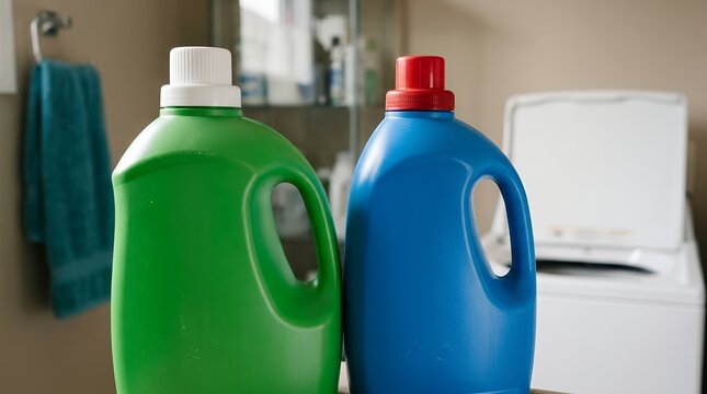 Laundry detergent bottles in green and blue plastic, liquid fabric softener containers in laundry room, household cleaning supplies for washing clothes