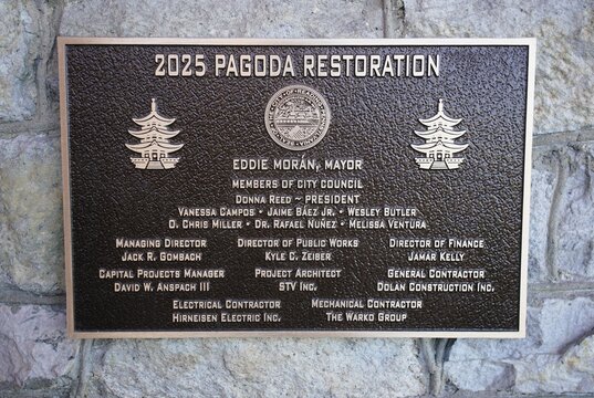Reading, Pennsylvania, U.S.A - Oct 24, 2026 - Pagoda Restoration Plaque recognizing contributors and organizations involved in preservation and renovation efforts.