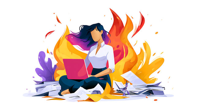 Conceptual illustration of an overwhelmed businesswoman working on a laptop surrounded by flames and scattered paperwork, symbolizing workplace burnout, excessive workload, chronic stress and emotiona