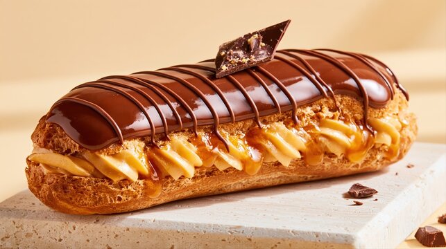 A photorealistic chocolate eclair rests on a travertine pedestal. The elegant pastry features creamy caramel filling, glossy glaze, and fine chocolate drizzle.