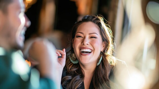 A Latina woman shares a candid, thoughtful moment with a coworker in an office caf&eacute;. Soft window light highlights their relaxed and friendly business conversation.