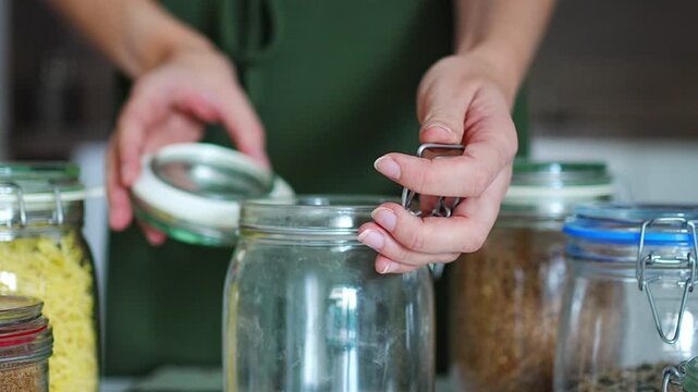Woman opens a glass jar filled with red lentils using a metal clasp lid in the kitchen. Airtight food storage and reusable containers help organize pantry supplies and reduce packaging waste