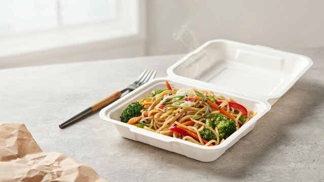 Fresh vegetable lo mein noodles in white compostable container on gray concrete tabletop.