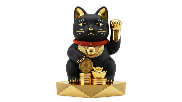 Maneki neko lucky cat figurine with golden coins and bell on a generated using ai