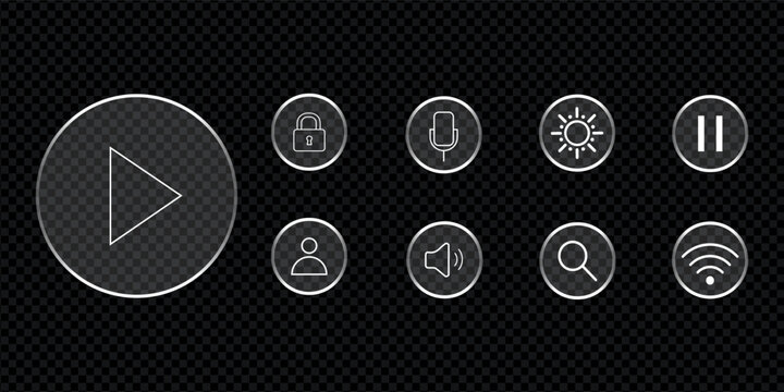 Glassmorphism Media Control Icons Vector Set with Play Button, Microphone, Volume, Settings and Wireless Symbols on Dark Background