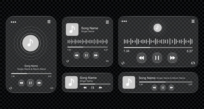 Dark Music Player UI Kit Vector Template with Audio Waveforms, Playback Controls, Playlist Cards and Mobile Music App Interface