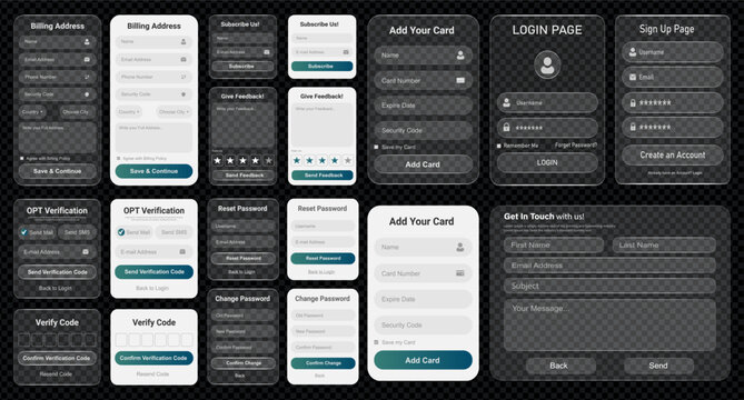 Mobile App UI Kit Vector Template with Dark and Light Theme Screens, Login Forms, Dashboard Panels and User Interface Components