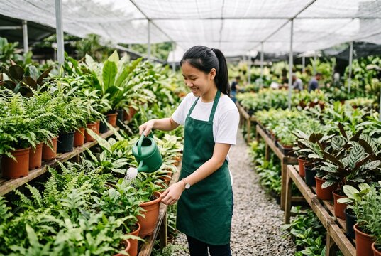 Teenage girl watering plants on her holiday job at a plant nursery