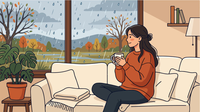 Woman sitting on white sofa holding warm mug looking at rainy autumn window vector illustration