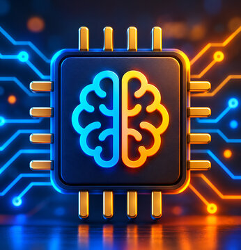 Futuristic AI Brain Processor Chip with Blue and Orange Neon Technology
