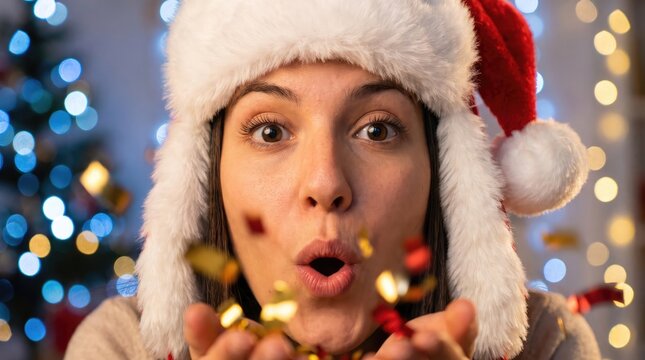 Festive young woman wearing a santa hat looks surprised as confetti falls around her during holiday celebrations
