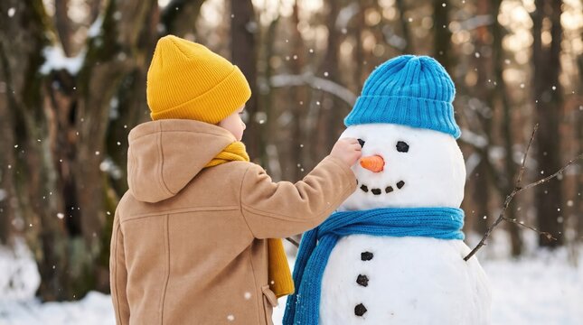 Adorable child finishing touches on a cheerful snowman in a snowy winter landscape with blurred trees