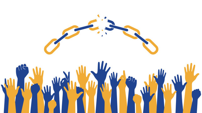 A conceptual human right day background vector illustration featuring a broken chain above many raised colorful hands representing freedom and equality