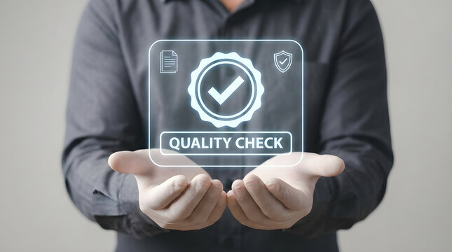 Quality check concept with businessman holding futuristic digital interface with approval stamp