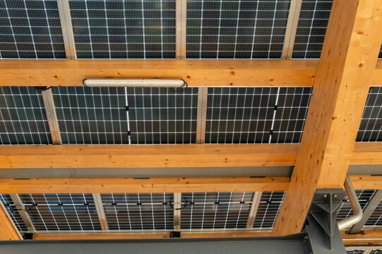 Solar panels mounted beneath timber roof beams inside a building