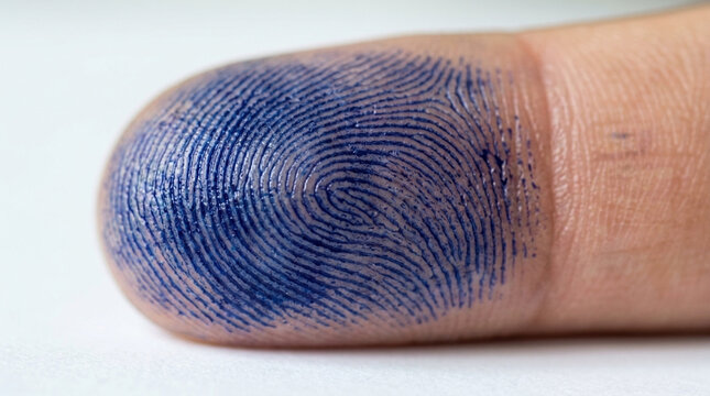 Close up of a blue inked fingerprint on a human fingertip detailed whorl pattern macro detail identity and security concept
