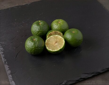 Fresh green sudachi citrus fruits with one cut in half on a dark slate board