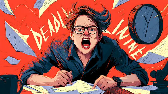 Angry overwhelmed office worker screaming under intense deadline pressure, surrounded by flying paperwork and a large clock. Bold comic style illustration of workplace stress and frustration.