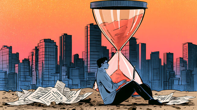 Conceptual illustration of a businessman working beneath a giant hourglass with sand running out, symbolizing deadline pressure, time management, work overload, urgency and professional stress.