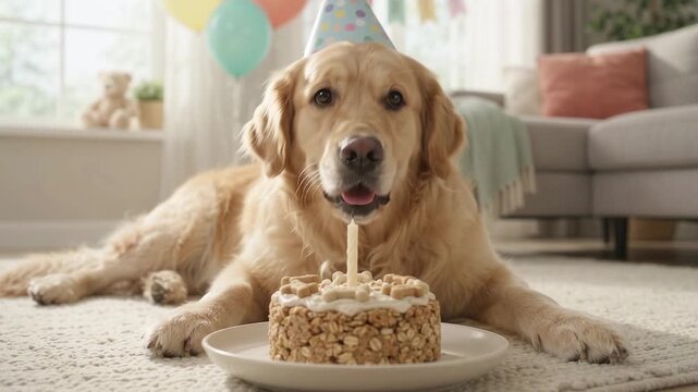 Golden retriever wearing a pastel polka dot party hat lies on a rug in a decorated living room, looking toward an oat covered dog birthday cake topped with biscuit treats and a single candle.
