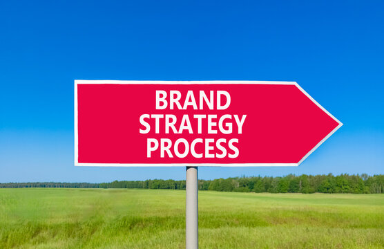 Brand strategy process words symbol. Concept words Brand strategy process on beautiful red road sign. Beautiful blue sky background. Business and brand strategy process concept. Copy space.