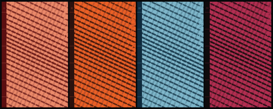 Retro geometric diagonal stripe patterns, set of 4 colorful minimalist vector backgrounds, vintage line art textures in orange blue and pink