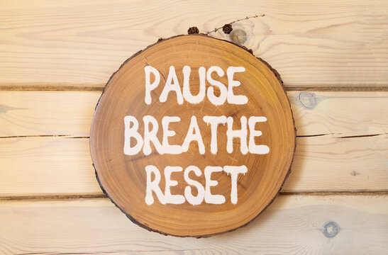 Pause breathe reset words symbol. Concept words Pause breathe reset on beautiful wooden circle. Beautiful wooden wall background. Business support motivational pause breathe reset concept. Copy space.