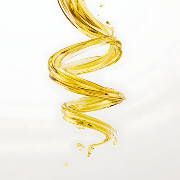 The yellow oil liquid moves in a flowing manner, creating a spiral design. The liquid appears to be in motion, with curves and twists visible against the plain white background. 3D render