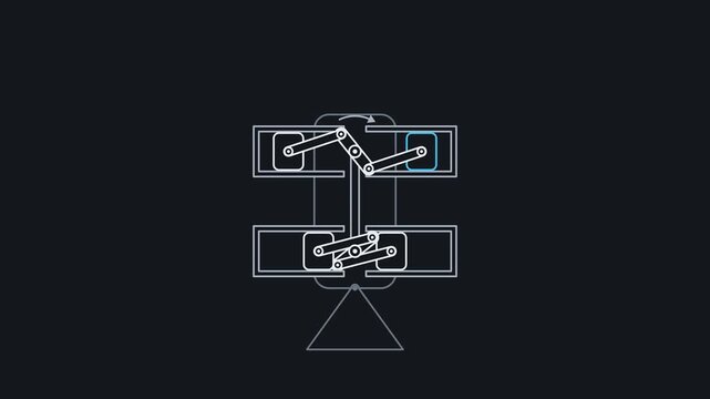 Seamless 4K looping engineering animation: pistons opposed arrangement moving rhythmically. Clean vector mechanism diagram with motion arrows and blank callout tags in blue and steel on a dark backgro