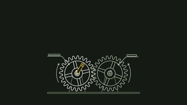 Seamless 4K looping engineering animation: gear pair equal size rotating. Clean vector mechanism diagram with motion arrows and blank callout tags in green and lime on a dark background, leaving copy 