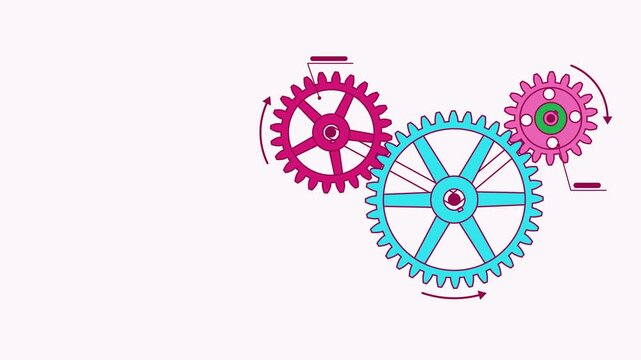 Seamless 4K looping engineering animation: gear train three wheels turning. Clean vector mechanism diagram with motion arrows and blank callout tags in purple and violet on a light background, leaving